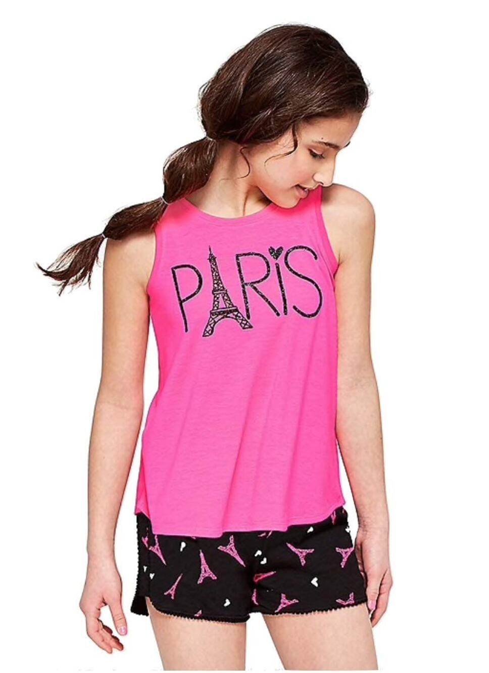 Justice Girl's Pink Black Glitter Paris Graphic Tank Top Kid's Youth Size 8